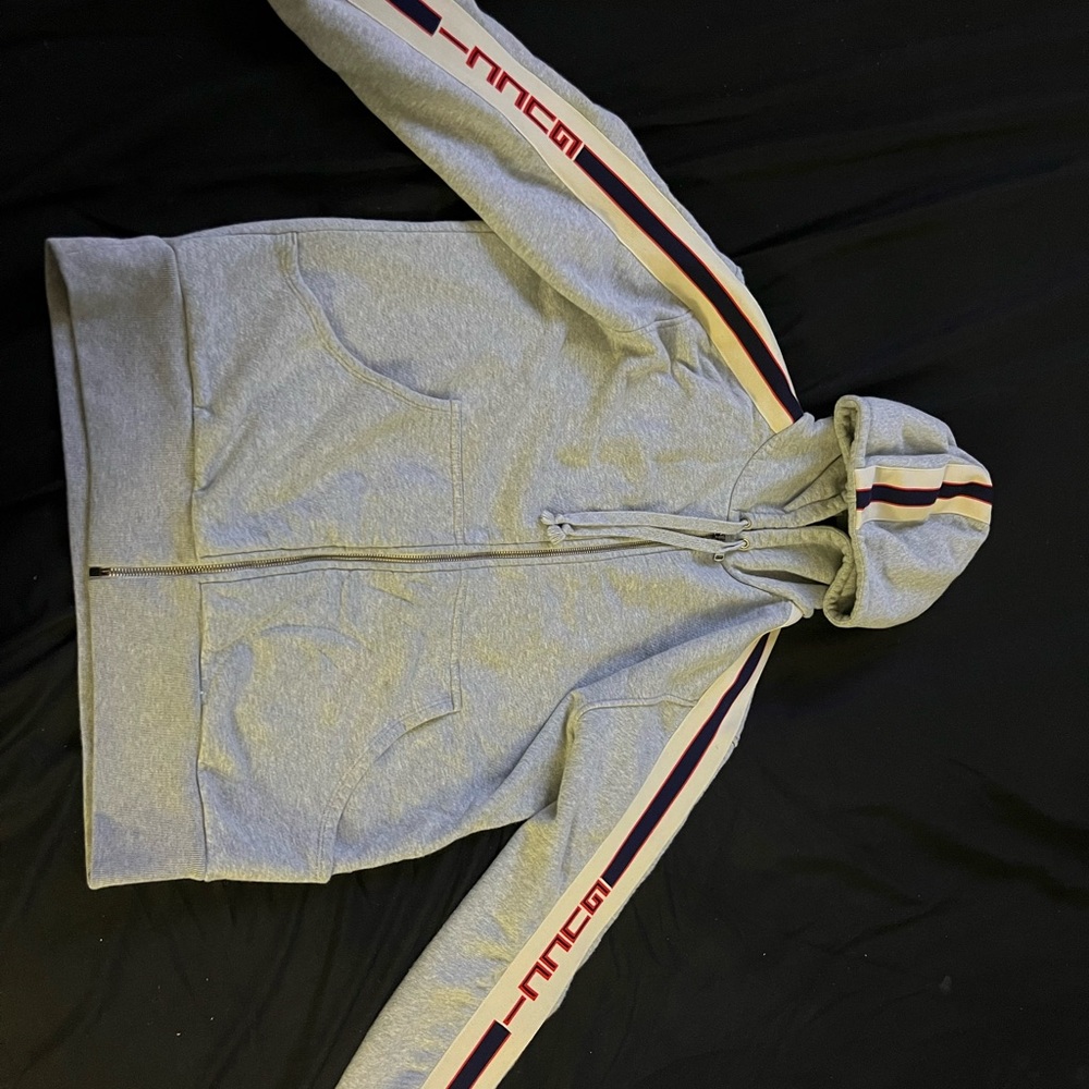 Gucci Gray Zip Up Sweater with Red and Blue Stripes